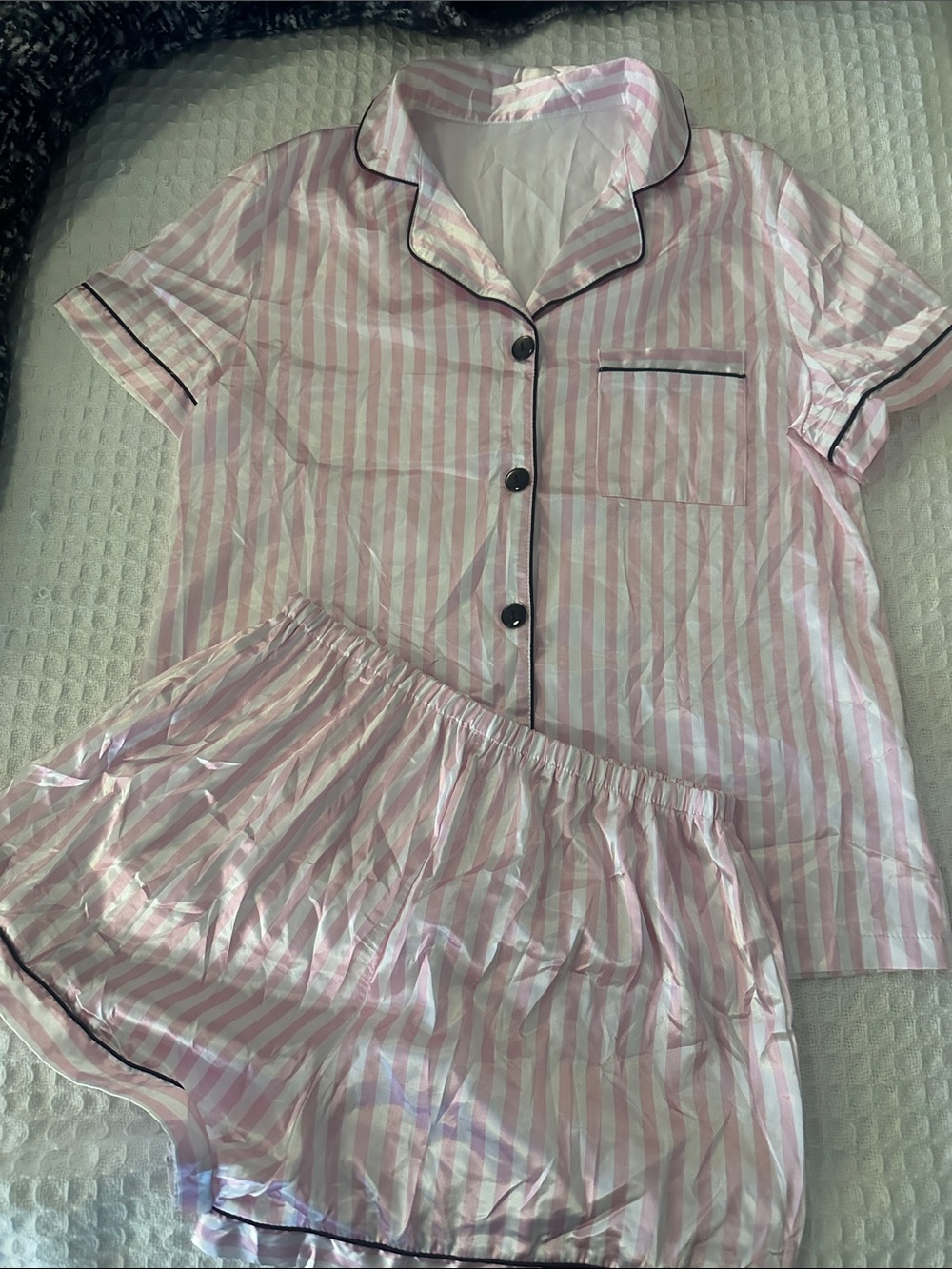 Lyaner Pink Stripe Short-Sleeve Satin Pajama Set